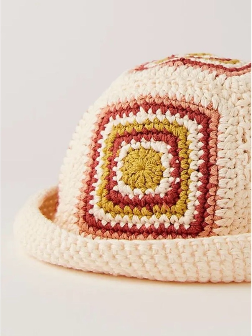 Free People Crochet Bucket Hat in Cream, Mustard & Rusty Pink